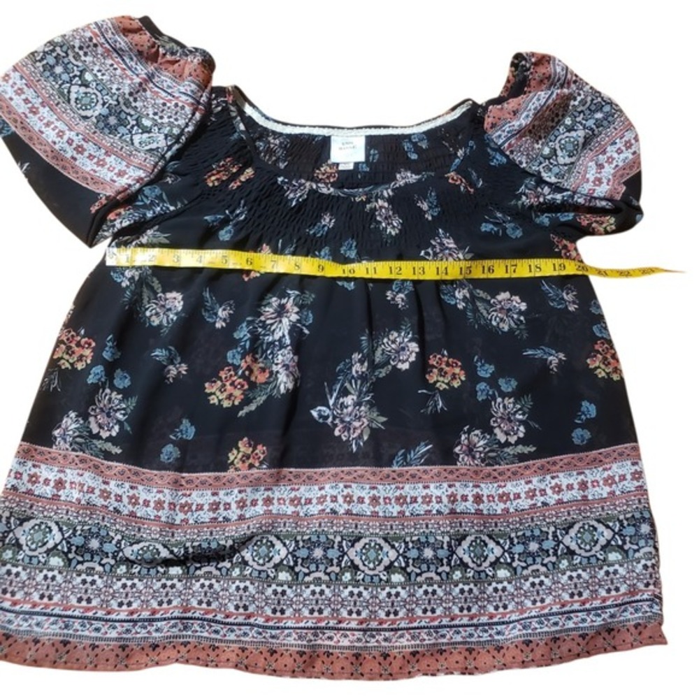 Knox Rose Semi Sheer Boho Blouse Women's XS Floral 3/4 Sleeve Smocked Neckline - Picture 8 of 9